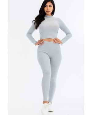 Fashnzfab Ribbed Mock Neck Long Sleeve Top & Leggings Set - Gray