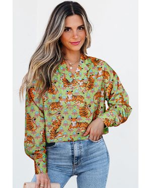 TRUEDAMES Tiger Floral Printed Colla V Neck Casual Shirt - Green