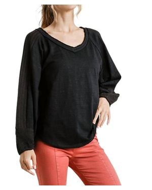 Umgee Contrast Knit Puff Sleeve Top - Black