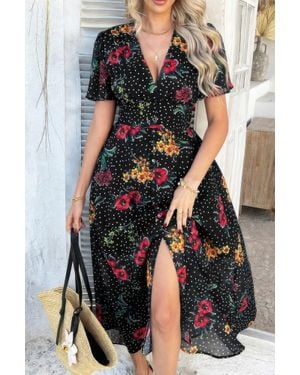 TRUEDAMES Floral V Neck Short Sleeve Tied Wrap Dress - Black