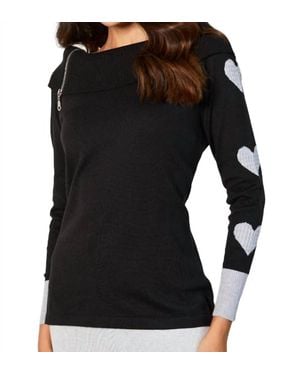 French Kyss Zip Ribbed Cowl Neck With Heart Detail - Black