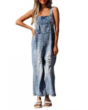 Little Daisy Closet Stella Distressed Bib Pocket Wide Leg Denim Overall - Blue