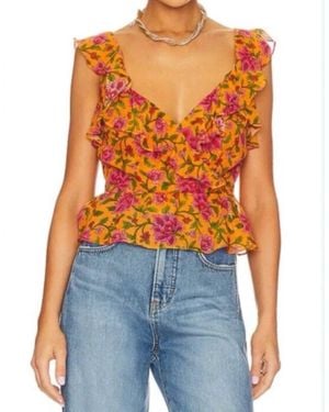 Veronica Beard Randa Ruffle Floral Silk Top - Orange