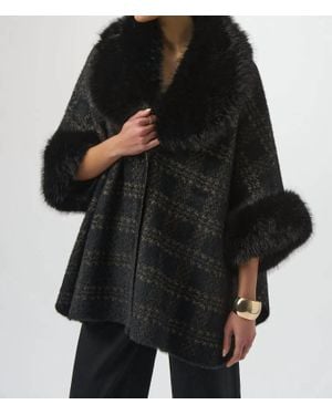 Joseph Ribkoff Plaid Print Faux Fur Poncho - Black