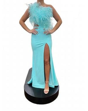 Ava Presley One Shouldered Feathered Gown With High Slit - Blue