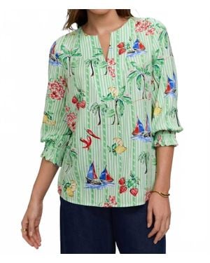 Foxcroft Alica Three Quarter Sleeve Recess Stripe Shirt - Green