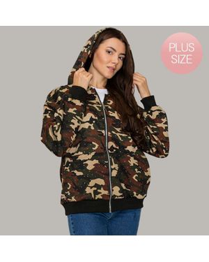 TRUEDAMES Plus Size Rhinestone Studded Camouflage Pattern Hooded Jacket - Black