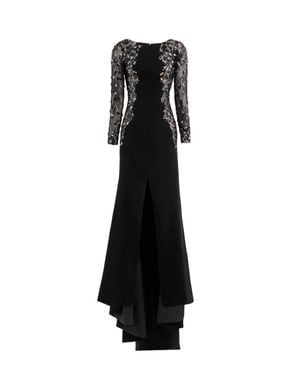 Saiid Kobeisy Embellished Crepe Long Dress With Sheer Sleeves And Sequined Detail - Black