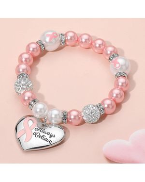 Fashnzfab Always Believe Ribbon Heart Charm Pearl Shamballa Ball Beaded Stretch Bracelet Cream, Light - Pink