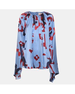 ROKSANDA Printed Satin Flare Sleeve Top - Blue