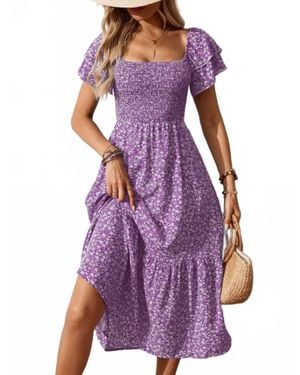 Lovesoft Floral Square Neck Smocked Maxi Summer Dress - Purple