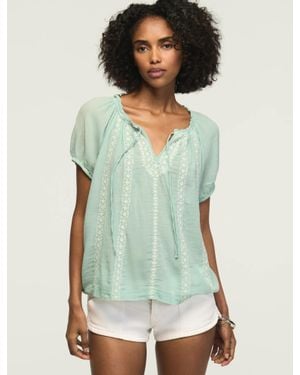 Lucky Brand Contrast Embroidered Short Sleeve Peasant Top - Green