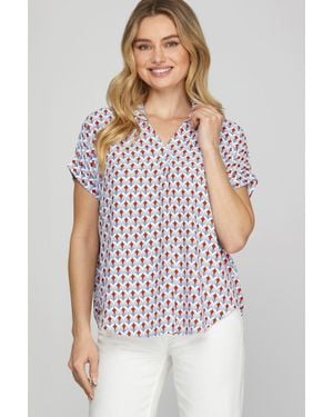 TRUEDAMES Full Size Printed Johnny Collar Short Sleeve Blouse Plus Size - White