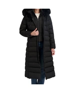 Tahari Phoebe Oversized Faux Fur Trim Maxi Coat - Black