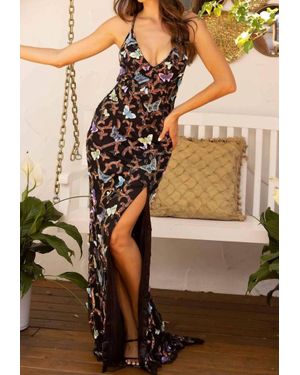Primavera V-Neck Beaded Butterfly Prom Gown - Brown