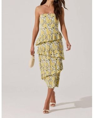 Astr Plissé Asymmetric Tiered Ruffle Strapless Midi Dress
