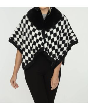 oolala Boho Chic Check Fur Collar Cape - Black