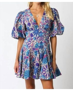 Olivaceous Nola Bubble Sleeve Flounce Skirt Mini Dress - Blue