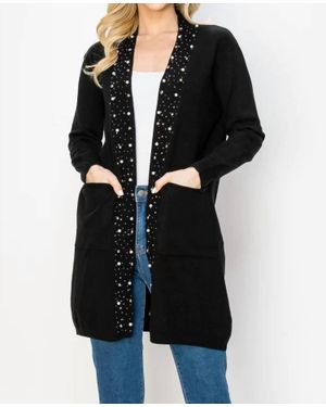 Joh Serra Knitted Sweater Cardigan With Pearls & Sparkles - Black