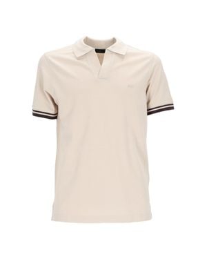 Fay Striped Cuffs V Notch Polo Shirt - Natural