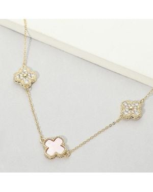 Fashnzfab 14K Plated Cz Quatrefoil Charm Link Station Necklace - Metallic