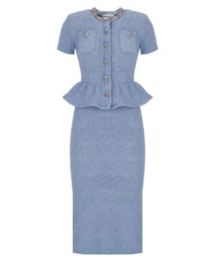 Self-Portrait Peplum Midi Dress With Rhinestone Embellishments And Button Details - Blue