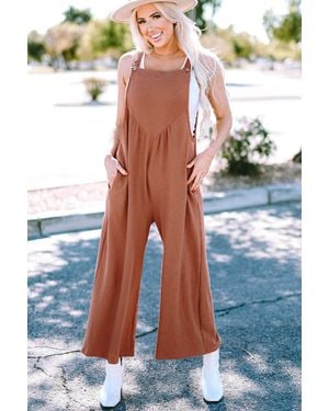 TRUEDAMES Flame Textured Buttoned Straps Ruched Wide Leg Jumpsuit - Blue