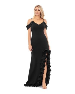 Xscape Maxi Dress Crepe Side Slit Ruffle Hem Cold Shoulder Ups971 - Black