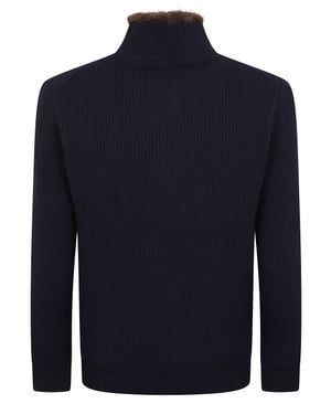 Barba Napoli Ribbed Faux Fur Knit Cardigan - Blue