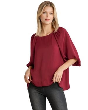 Umgee Washed Satin Balloon Sleeve Top - Red