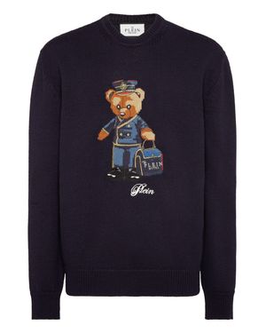 Philipp Plein Round Neck Knitted Pullover Reception Teddy - Blue