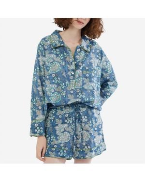 FOLKLOORE Lightweight Floral Short Pajama Set - Blue