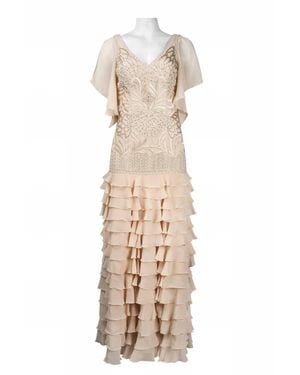Sue Wong Flutter Sleeve Embroidered Tiered Dress - Natural
