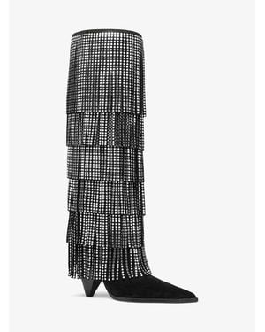 Michael Kors Jayla Embellished Leather Fringed Boot - White