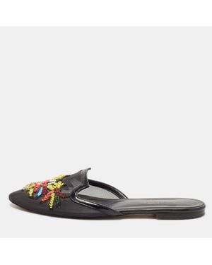Oscar de la Renta Mesh And Patent Leather Embellished Flat Mules - Black