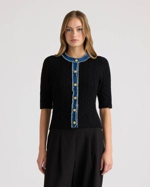 NVLT Short Sleeve Cable Sweater With Denim Trim - Black