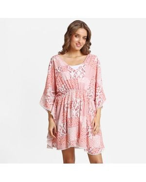 TRUEDAMES Boho Paisley Print Drawstring Mini Tunic Dress - Pink