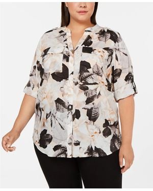 Calvin Klein Plus Size Printed Roll-Tab Top Size 3X - Natural