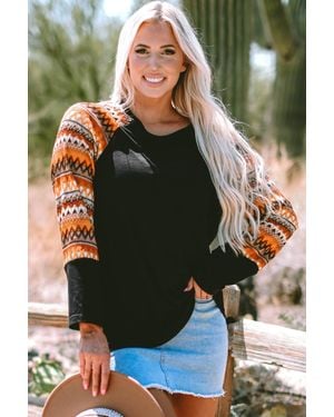 TRUEDAMES Geo Print Raglan Patchwork Long Sleeve Tee - Orange