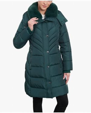 London Fog Zip-Front Hooded Heavy Weight Puffer Jacket With Button-Off Fur Collar - Green