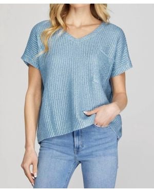 She + Sky Short Sleeve V-Neck Metallic Coated Sweater Top With Front Pocket - Blue