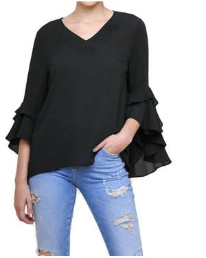 Umgee Layered Ruffle High Low Sleeve Blouse - Black