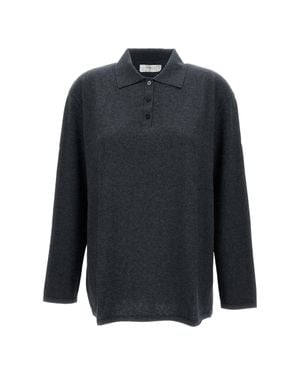 Lisa Yang Polo Collar Cotton Blend Sweater With Ribbed Trim - Blue