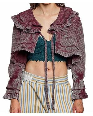 Pol Maggie Lace Ruffle Tie Front Waffle Knit Crop Cardigan Top - Multicolor
