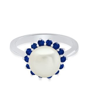 MAX + STONE Sterling 9Mm Cultured Pearl And Created Sapphire Ring Size 7 - Blue
