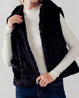 Trend:Notes Sleeveless Open Front Sherpa Fleece Vest With Hoodie - Black