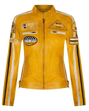 Infinity Leather Leather Biker Racing Badges Jacket-Agadir - Yellow
