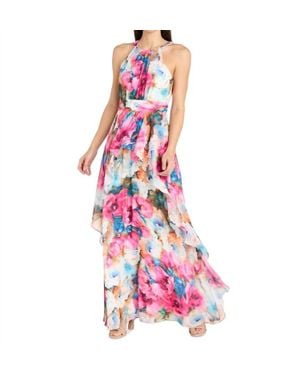 R & M Richards Floral High Neck Special Occasion Dress - Pink