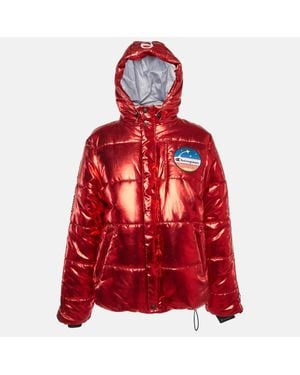 Champion Lame Printed & Badge Detail Puffer Overcoat - Red