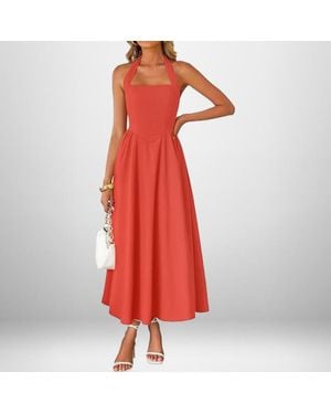 TRUEDAMES Summer Fashion Temperament Wide Suspender Neck Halter Dress - Red